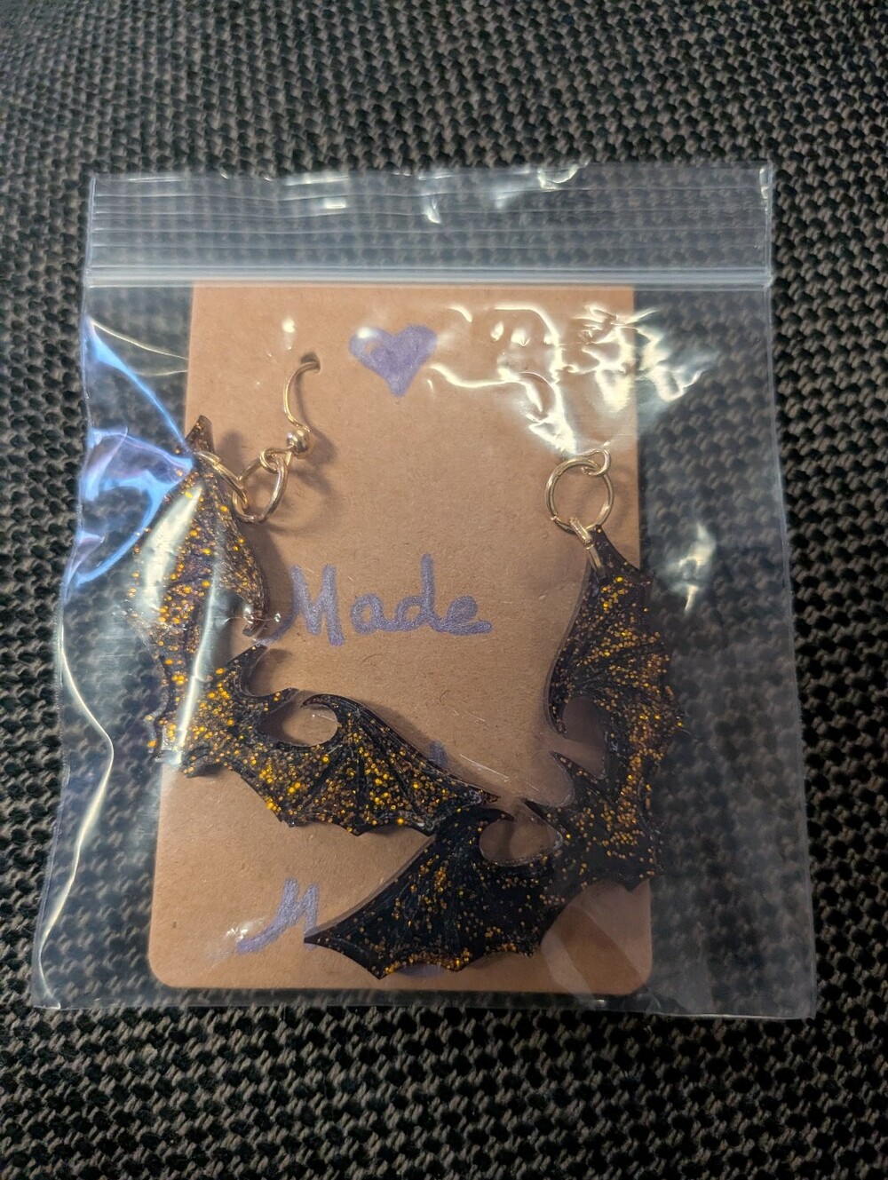 Handcast Resin Bat Earrings Black & Gold Glitter Gothic Halloween Statement - Picture 5 of 8